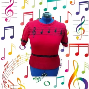 Pull à manches courtes rouge avec notes sur fond