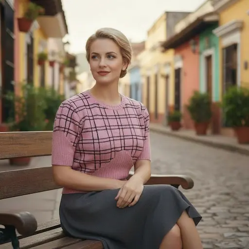 pull à manches courtes rose à carreaux