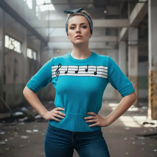 pull à manches courtes turquoise avec notes sur portée blanche décor