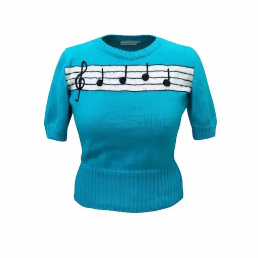 pull à manches courtes turquoise avec notes sur portée blanche