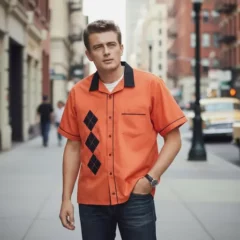 Chemise bowling rouille avec losanges decor