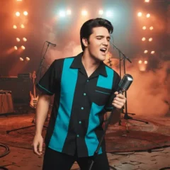 Chemise bowling turquoise et noir décor