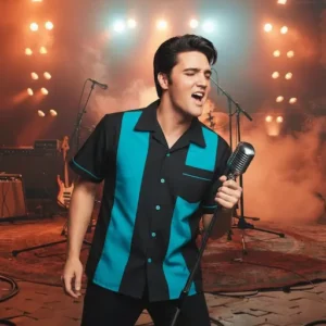 Chemise bowling turquoise et noir décor