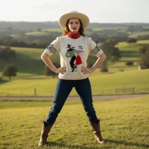 Pull à manches courtes écru western décor