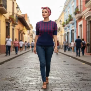 pull à manches courtes marine à carreaux décor