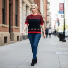 pull à manches courtes noir avec cerises décor