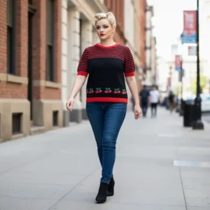 pull à manches courtes noir avec cerises décor