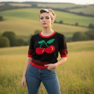 pull à manches courtes noir avec deux cerises décor