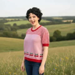 pull à manches courtes rose avec cerises décor