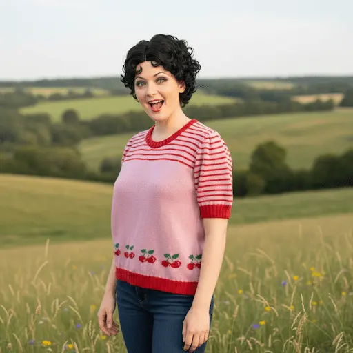 pull à manches courtes rose avec cerises décor