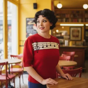 pull à manches courtes rouge et blanc avec portée décor