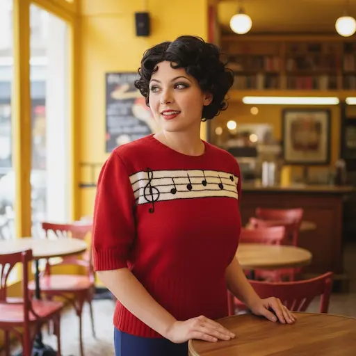 pull à manches courtes rouge et blanc avec portée décor