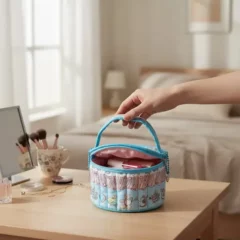 trousse cylindrique bleue décor