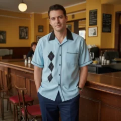 chemise bowling ciel avec losanges décor