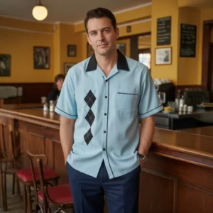 chemise bowling ciel avec losanges décor