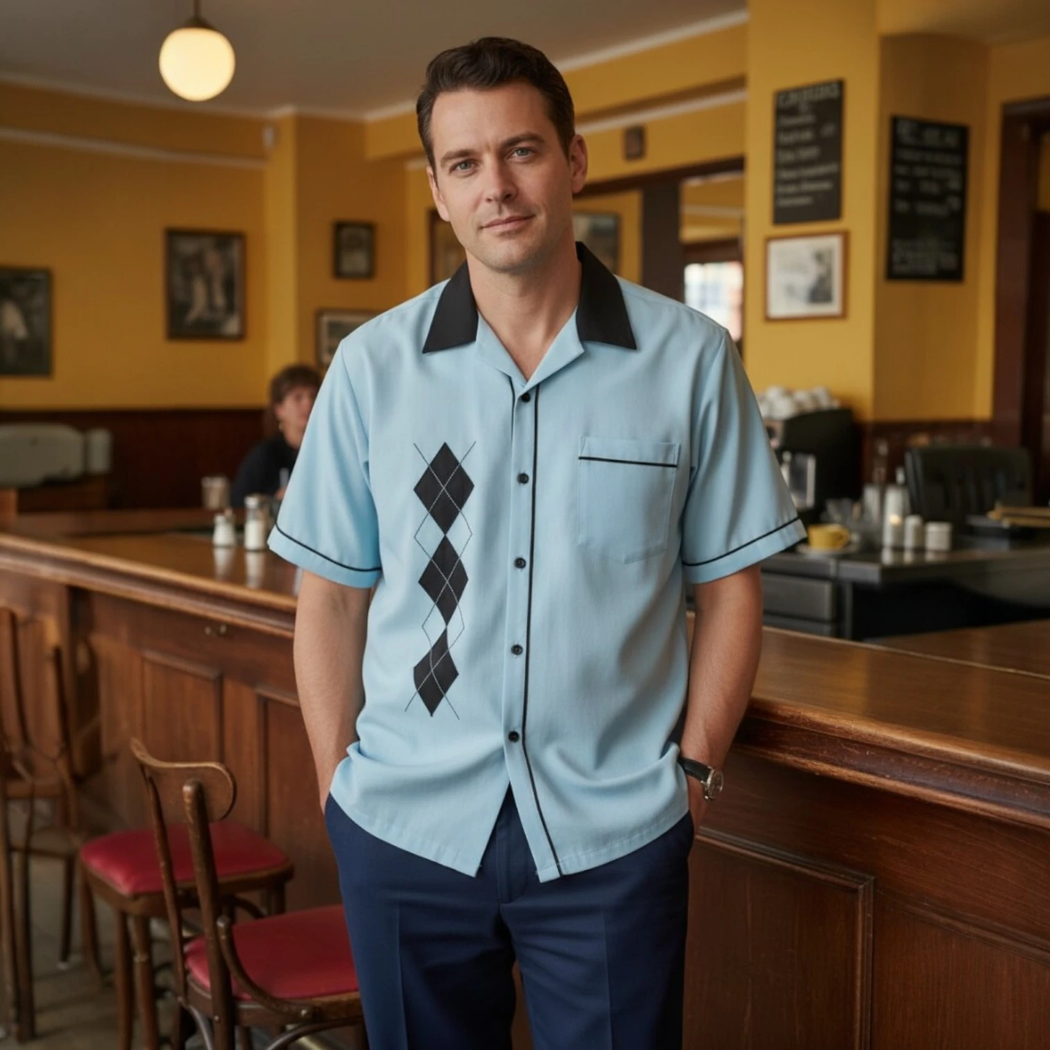chemise bowling ciel avec losanges décor