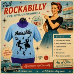 Pull à manches courtes Rockabilly bleu ciel décor