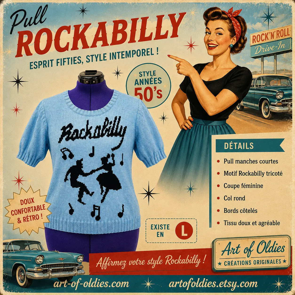 Pull à manches courtes Rockabilly bleu ciel décor