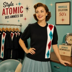 Pull à manches courtes atomic rouge et turquoise décor