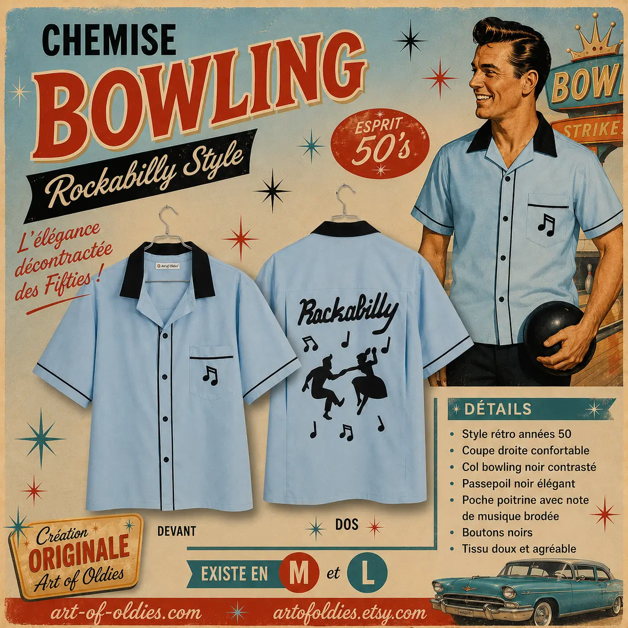 chemise bowling rockabilly bleu ciel décor
