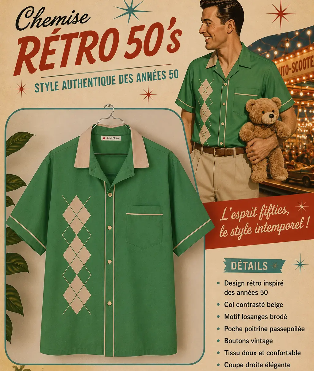 chemise bowling verte avec losanges décor