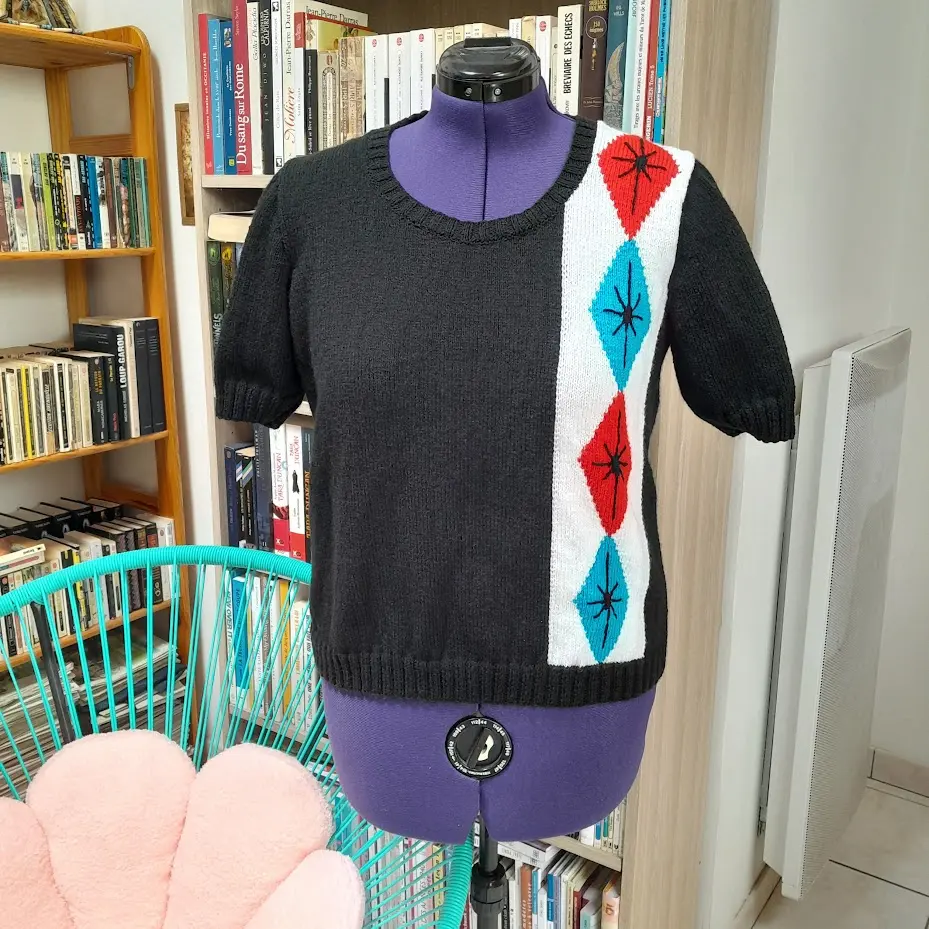 pull à manches courtes atomic rouge et turquoise face