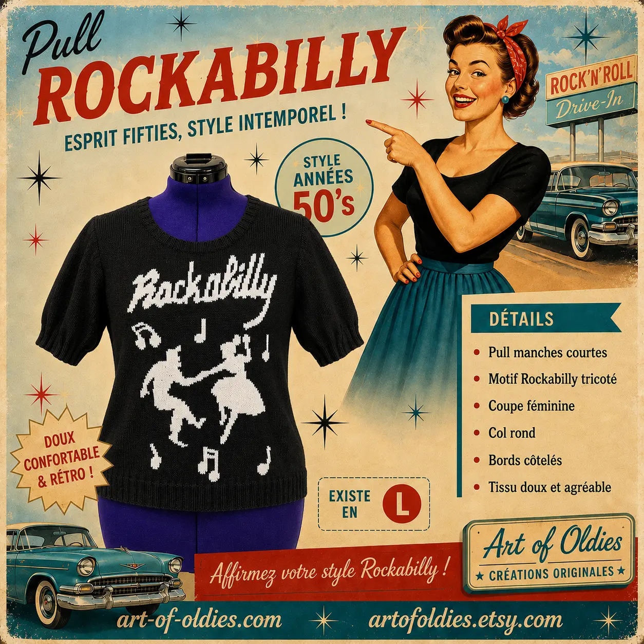 Pull à manches courtes Rockabilly noir décor